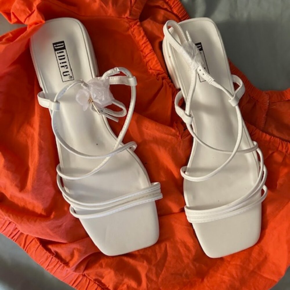 NEW womens size    8 sandals white faux leather   eight shoes